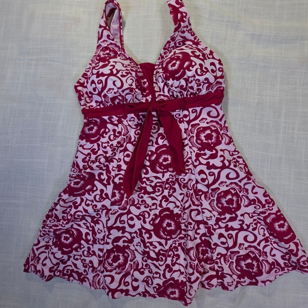 Wantdo Womens Red Floral Damask Swim Dress One Piece Swimsuit Size 8-10